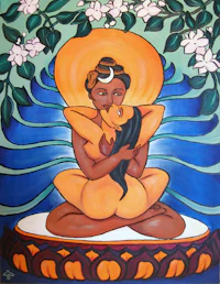 a painting of a woman hugging a buddha