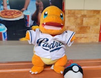 a stuffed toy is sitting on a bench with a ball