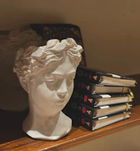 a white bust of a woman sits on a shelf next to books