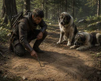 a man is drawing on the ground with two dogs