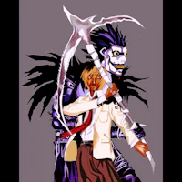 a man with a scythe and a woman holding a scythe