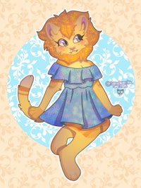 a cartoon cat in a blue dress