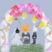 a drawing of a cat and a bride and groom