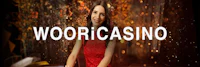 woocasino logo with a woman playing a slot machine
