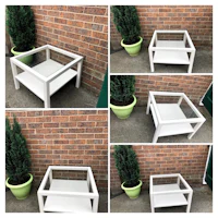 four pictures of a white table with a potted plant
