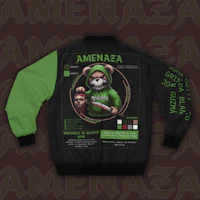 a black and green bomber jacket with an image of a bear