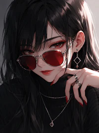 a girl wearing red sunglasses and a black sweater