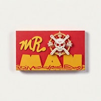 a red and yellow card with the word mr man on it