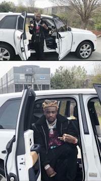 two pictures of a man sitting in the door of a white car