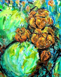 an abstract painting of oranges and greens