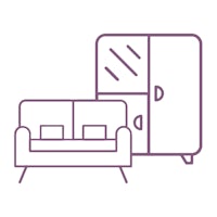a purple line icon of a sofa and a cabinet