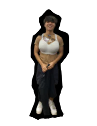 a woman wearing a white shirt and black pants