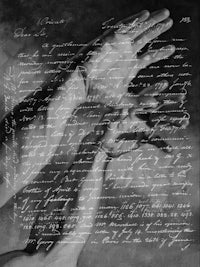 a black and white painting of a hand reaching out