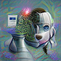 a psychedelic painting of a dog with a computer in its head