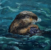a painting of a beaver in the water