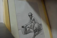 a drawing of a man with a pot on a table