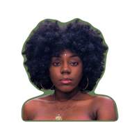 a black woman with afro hair on a green background