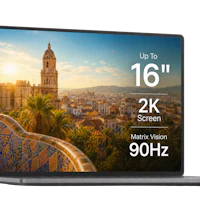 a laptop with a 16 k screen and a view of a city