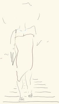 a drawing of a woman walking down stairs