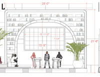 a drawing of a library with people sitting in front of it