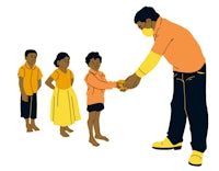 an illustration of a man handing money to a group of children