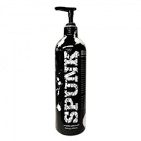 a black bottle with a white label on it