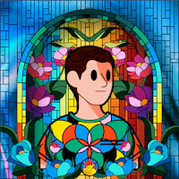 a stained glass window with a man in front of it