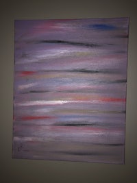 an abstract painting of purple and pink lines on a wall