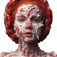 a woman with red hair covered in icing