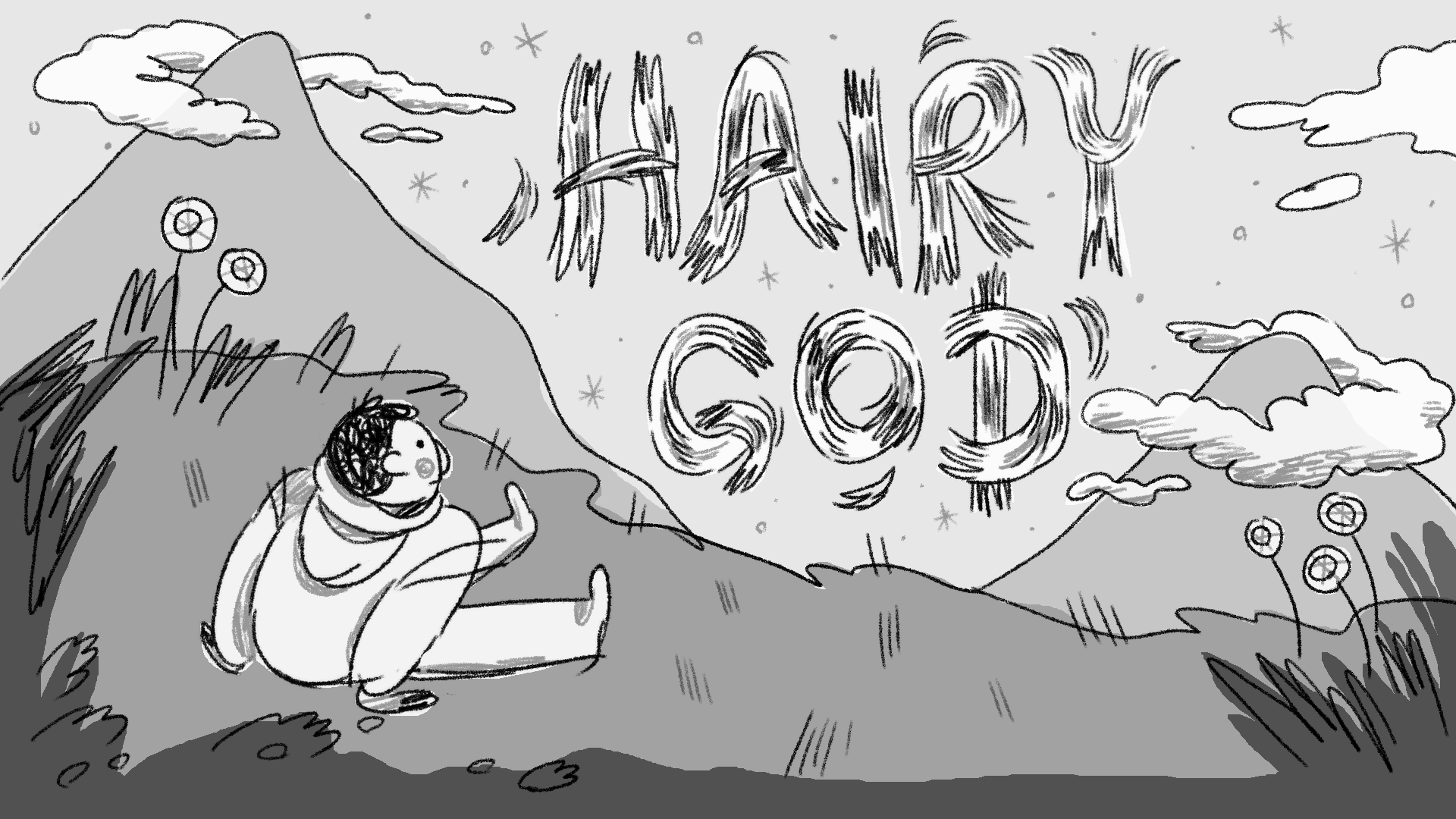 a cartoon of a man sitting on a hill with the words hairy god