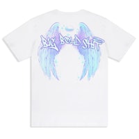 a white t - shirt with blue and purple wings on it