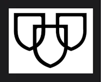 a black and white logo with a shield in the middle