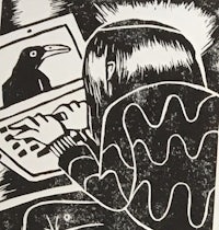 a black and white print of a woman using a laptop